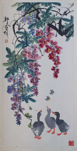 A Chinese Ducks Painting, Lou Shibai Mark