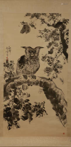 A Chinese Owl Painting Scroll,Gao Qifeng Mark