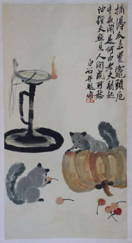 A Chinese Mouse Painting Scroll,Qi Baishi Mark