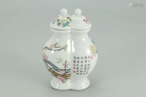 A Chinese Inscribed
Famille Rose Porcelain Diptych Jar with Floral Pattern