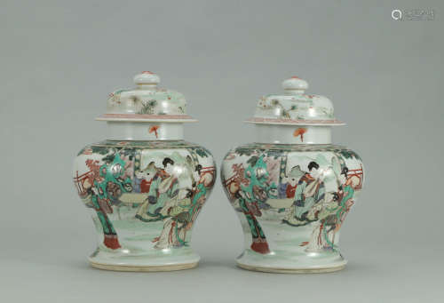 A Pair of Chinese Famille Verte Jars with Cover