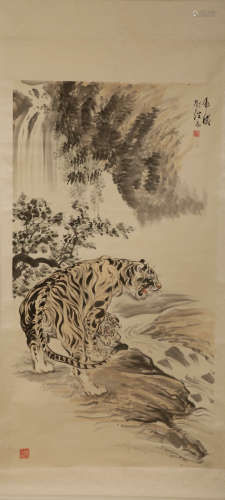 A Chinese Tigers Painting Scroll, Liu Jiyou  Mark