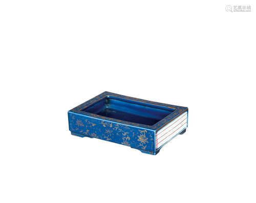 清咸丰 霁蓝釉描金织锦纹书盒式水仙盆