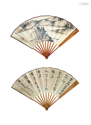 徐世昌（1855-1939）行舟图书法 设色纸本 成扇