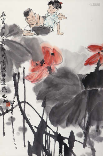 周思聪（1939-1996）红荷童趣 设色纸本 立轴 1981年作