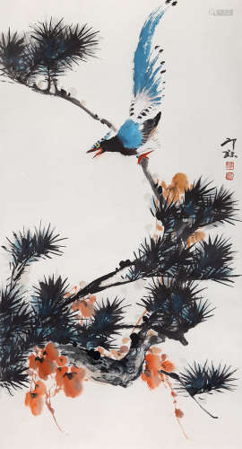 萧朗（1917-2010）松枝蓝鹊 设色纸本 立轴