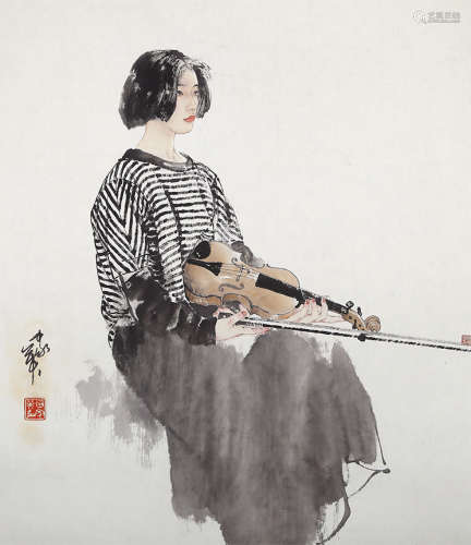 何家英（b.1957）提琴少女 设色纸本 托片