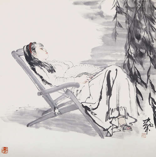 何家英（b.1957）柳荫少女 设色纸本 镜心