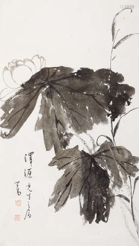 溥儒（1896-1963）墨荷 水墨纸本 托片
