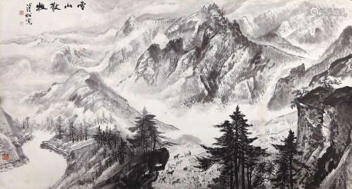 溥佺（1913-1991）雪山散牧 水墨纸本 镜心.