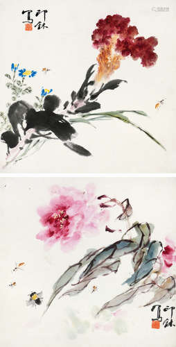 萧朗（1917-2010）花卉草虫 设色纸本 镜框