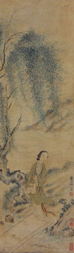 费丹旭（1802-1850）柳荫仕女 设色绢本 立轴
