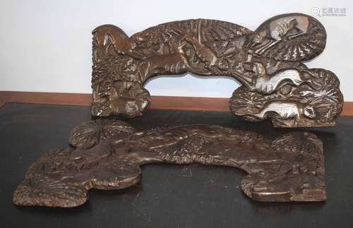 Pair of unusual carved oak plaques depicting hunting dogs and hares, 19th century, 66cm long