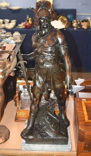 Patinated metal large figure of a Viking standing on a marble plinth, 83cm high