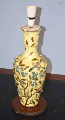 Majolica type flower encrusted table lamp (converted from a vase), 48cm high