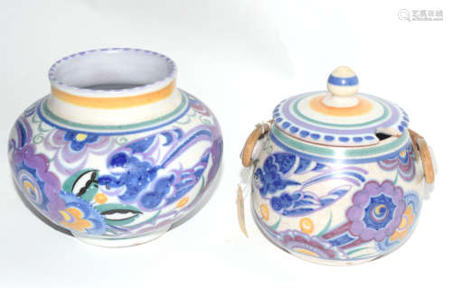 One mid-20th century Poole Pottery vase, and a jam pot and cover, pot with wicker handle, both