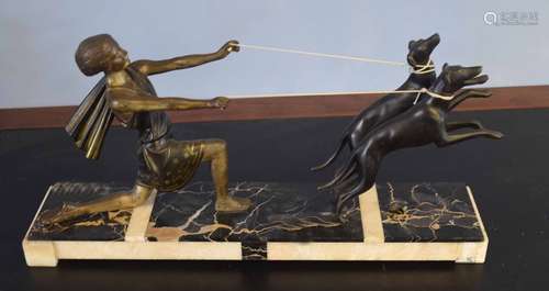 Art Deco style patinated metal group of girl with two hounds on a slate plinth, 50cm long