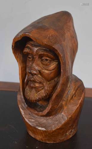 Carved pine head of a bearded gent wearing a peaked hood, 30cm high