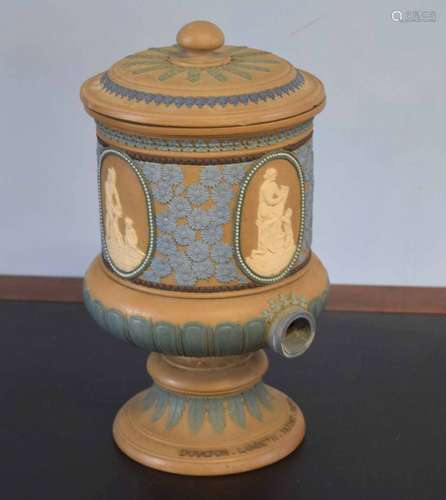 Late 19th century Doulton Lambeth silicon ware water cooler and cover, the cooler decorated with