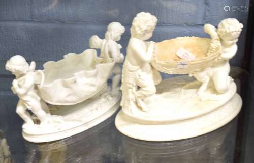 Two 19th century white porcelain flower holders modelled as cherubs supported on a bowl, (a/f) (2)