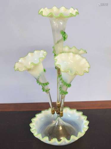 Victorian green vaseline glass epergne with white metal mounts, four trumpets above a fluted base,