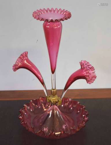 Victorian cranberry glass epergne, 40cm high