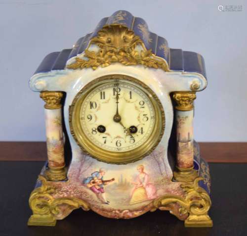Late 19th/early 20th century pottery cased mantel clock, decorated in colours with figures and