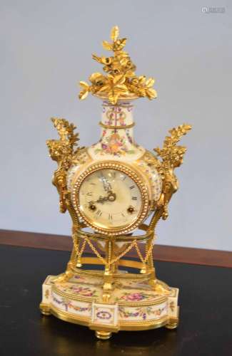 Decorative gilt metal mounted china cased mantel clock, 39cm high