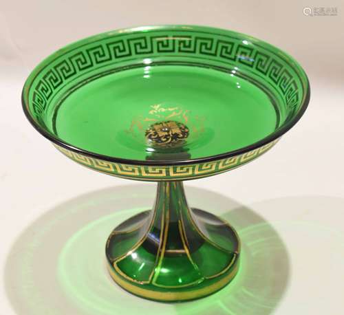 Green glass tazza with Bohemian style gilt decoration