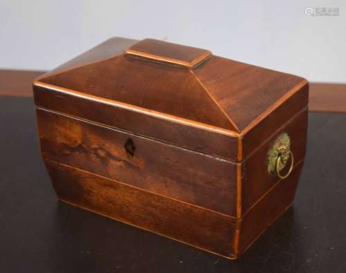 19th century mahogany sarcophagus shaped tea caddy with two compartments, 20cm wide