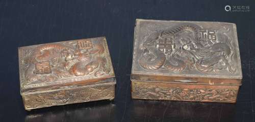 Two Oriental wooden boxes with metal coverings, modelled in relief with dragons