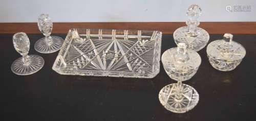Cut glass bedroom set comprising tray, two small candlesticks, ring tray and two further bottles