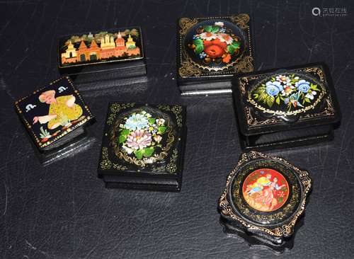 Collection of ebonised papier mache small boxes (Eastern European origin)