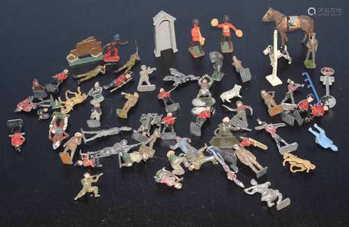 Ten various lead/spelter vintage toy horses, figures, soldiers etc