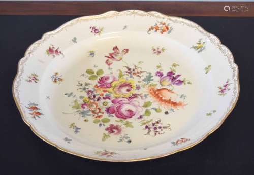 Continental porcelain charger decorated with flowers in Meissen style with crossed swords mark to