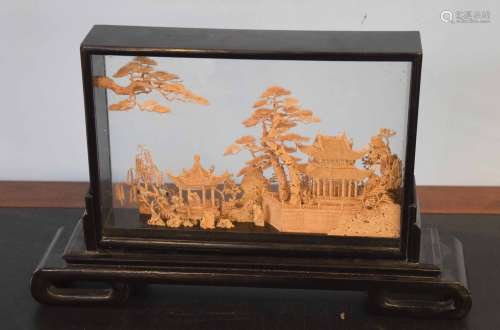 Oriental cork diorama in black wooden frame