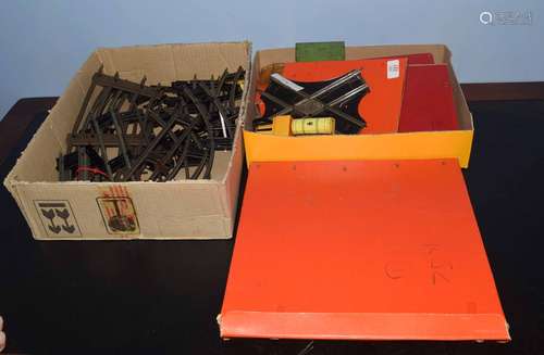 Two boxes containing various model railway including Hornby turntable, various 0 gauge track, CAII