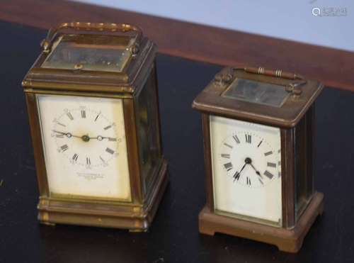 Victorian brass carriage clock, enamelled face with retailer John J Peters & Co, 34 College Green,