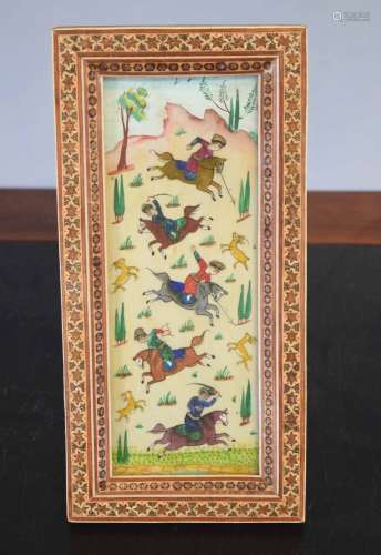 Mogul type painting of a hunting scene in white wooden mosaic type frame