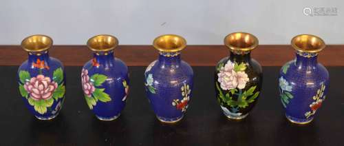 Group of five cloisonne vases, all decorated with flowers on a blue and gilt ground, 13cm high (5)