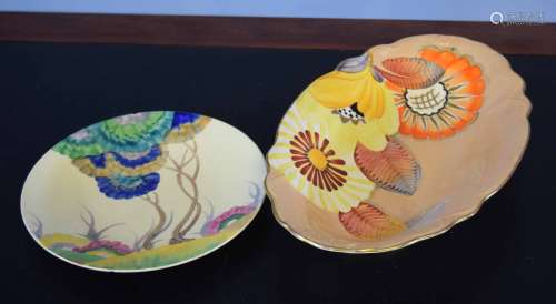Clarice Cliff plate in the Rhodanthe pattern, and glazed pottery Art Deco dish with a floral