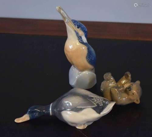 Royal Copenhagen model of a Kingfisher together with a further model of a duck and small bear (3)
