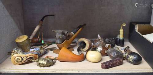 Quantity of various vintage pipes including novelty examples, amber cheroot holder in case etc