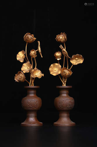 A Pair of Chinese Bronze Gilding Lotus Ornaments