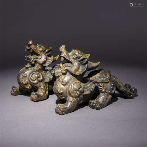 A Pair of Chinese Bronze Pixiu Ornaments