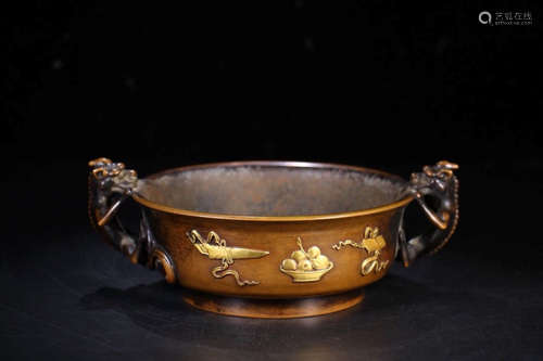 A Chinese Bronze Gilding Double-eared Censer