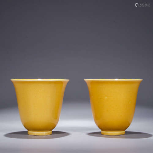 A Pair of Chinese Yellow Glazed Porcelain Cups