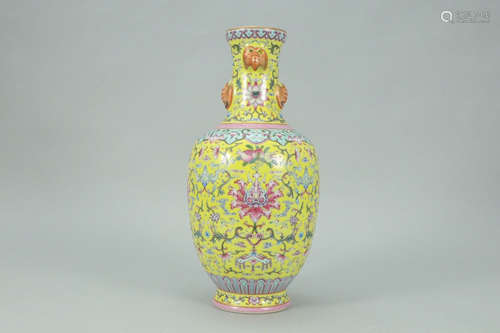 A Chinese Yellow Ground Famille Rose Porcelain Vase