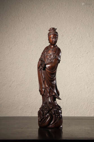 A Chinese Rosewood Carved Standing Guanyin Statue