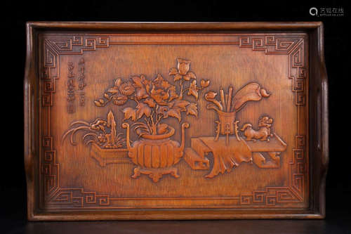 A Chinese Carved Floral Bamboo Tray